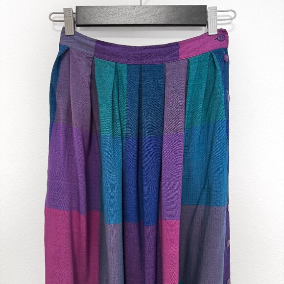 Vintage 70s 80s Purple Blue Green Plaid Rayon Midi Skirt Size 9 | 25-26" Waist - Picture 3 of 12